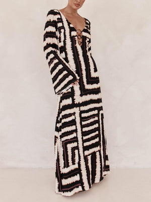 Aurohaya Bohemian Style Unique Printed V Tie Ring Maxi Dress Black