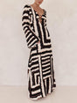 Aurohaya Bohemian Style Unique Printed V Tie Ring Maxi Dress Black