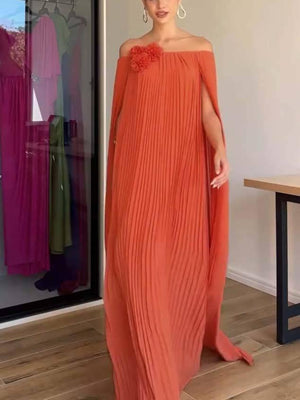 Aurohaya Flower Design Shawl Pleated Maxi Dress Orange