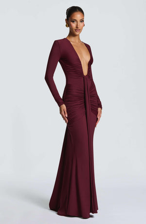 Aurohaya Eléonore Deep Plunge Ruched Mermaid Maxi Dress