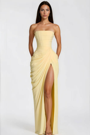 Azalée Strapless Draped High-Slit Maxi Dress – Aurohaya Azalée Strapless Draped High-Slit Maxi Dress – Aurohaya