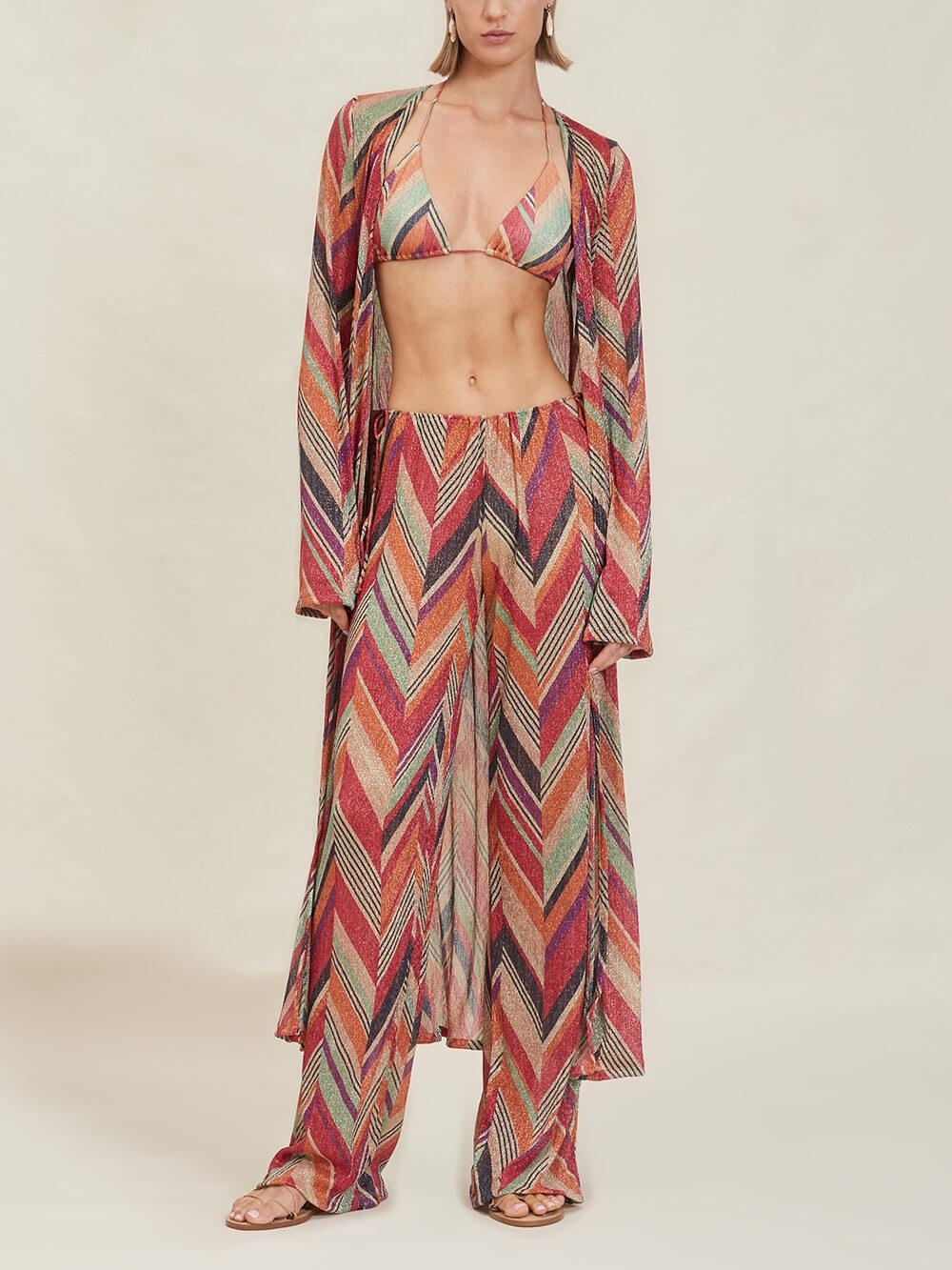 Aurohaya Beach Resort Geometric Print Bell Sleeve Cardigan Midi Dress