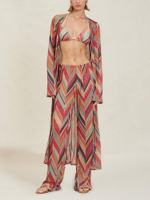 Aurohaya Beach Resort Geometric Print Bell Sleeve Cardigan Midi Dress