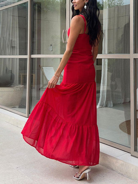 Aurohaya Fashionable Square Neck Waist Suspender Maxi Dress