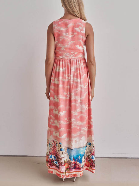 Aurohaya Unique Ink-Print V-Neck Lace-Up Loose-Fitting A-Line Maxi Dress