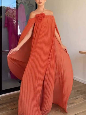 Aurohaya Flower Design Shawl Pleated Maxi Dress