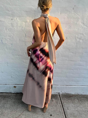 Aurohaya Unique Tie-Dye Printed Halterneck Lace Up Backless Maxi Dress
