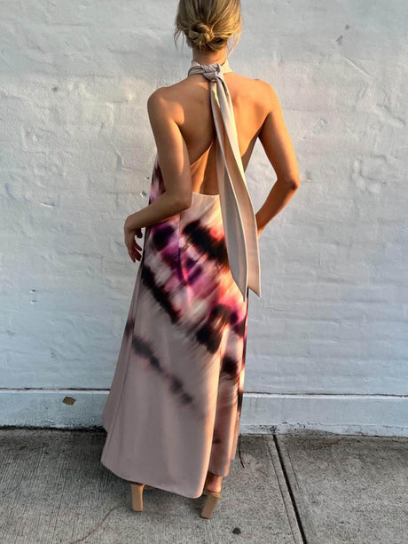 Aurohaya Unique Tie-Dye Printed Halterneck Lace Up Backless Maxi Dress