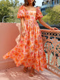 Aurohaya Floral Print Puff Sleeve Back Smocked Pocket Maxi Dress Orange