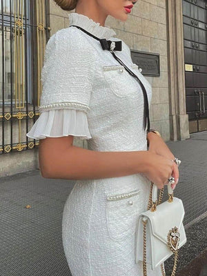 Aurohaya Tweed Pearl Trim Bow Design Formal Midi Dress