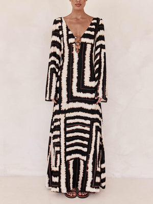 Aurohaya Bohemian Style Unique Printed V Tie Ring Maxi Dress
