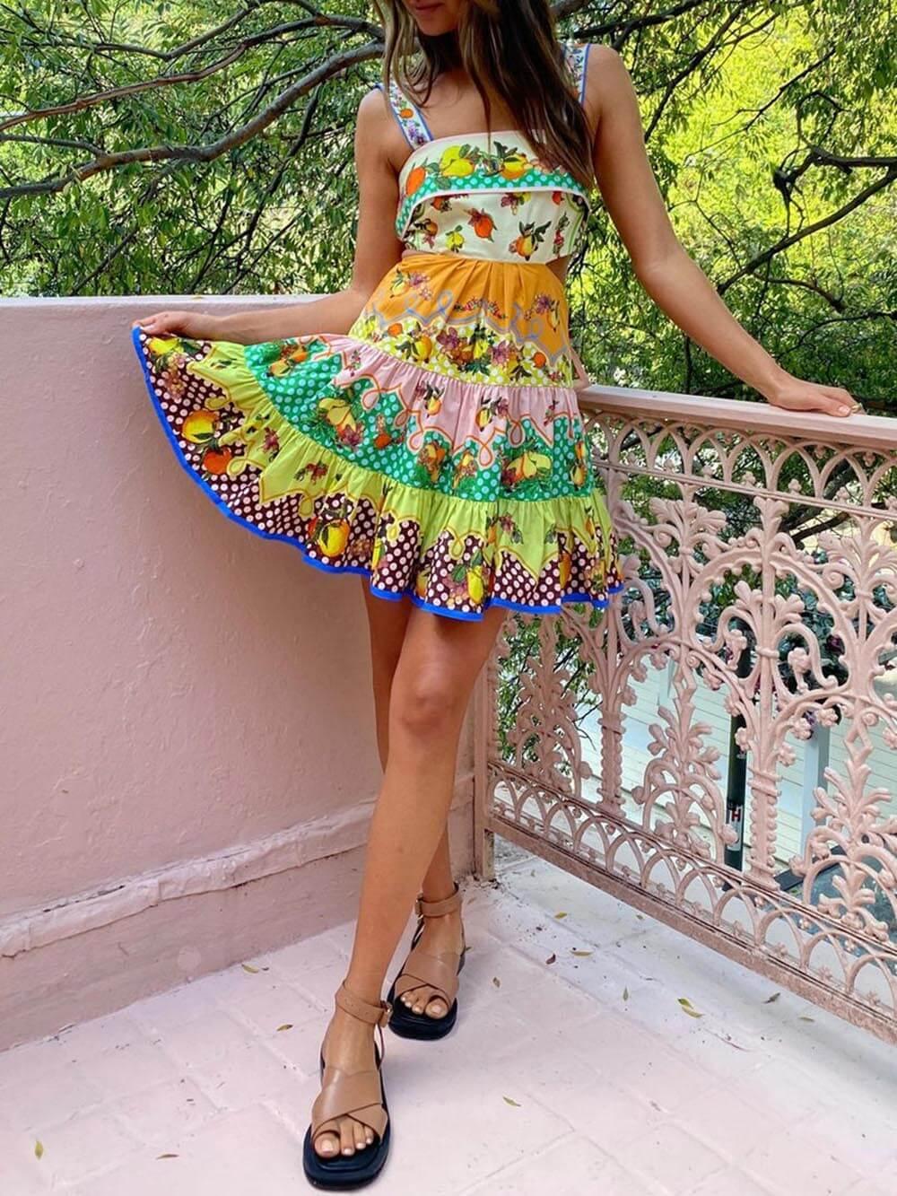 Aurohaya Summer MulticolorLemon Preated Hem Mini Dress
