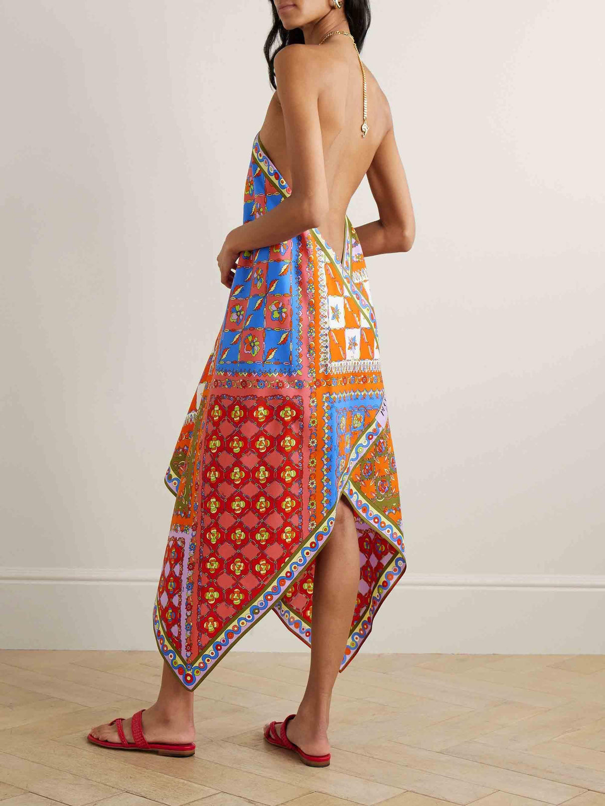 Aurohaya Unique Asymmetric Print Halter Neck Midi Dress