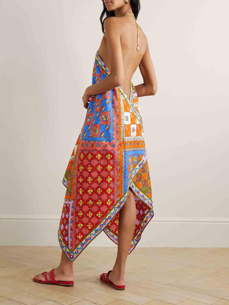 Aurohaya Unique Asymmetric Print Halter Neck Midi Dress