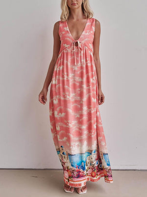 Aurohaya Unique Ink-Print V-Neck Lace-Up Loose-Fitting A-Line Maxi Dress
