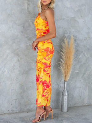 Aurohaya Mesh Overlay Printed One Shoulder Ruched Stretch Maxi Dress