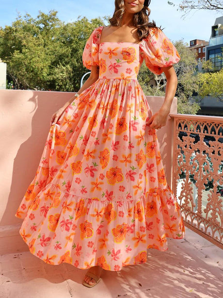 Aurohaya Floral Print Puff Sleeve Back Smocked Pocket Maxi Dress