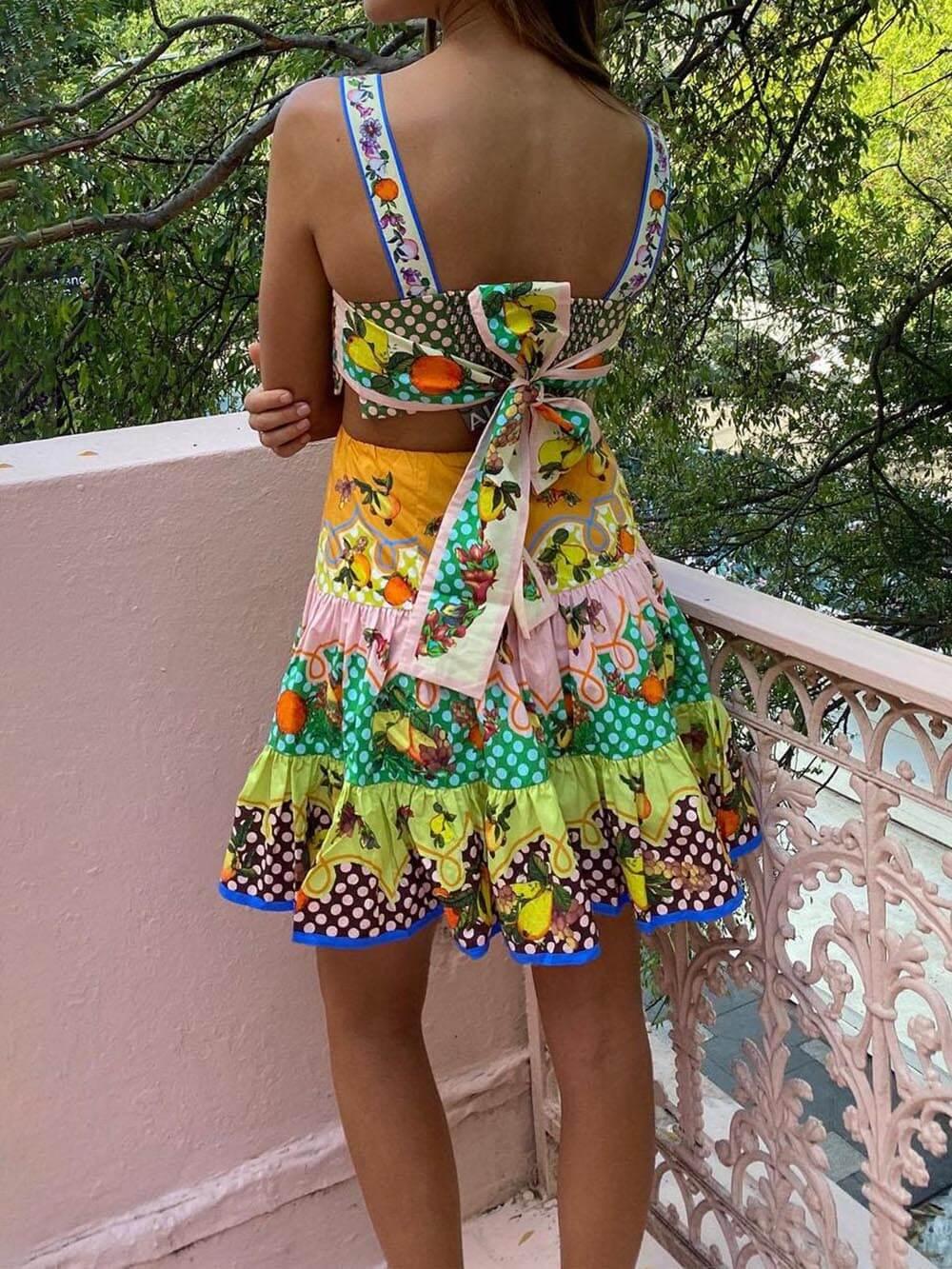 Aurohaya Summer MulticolorLemon Preated Hem Mini Dress