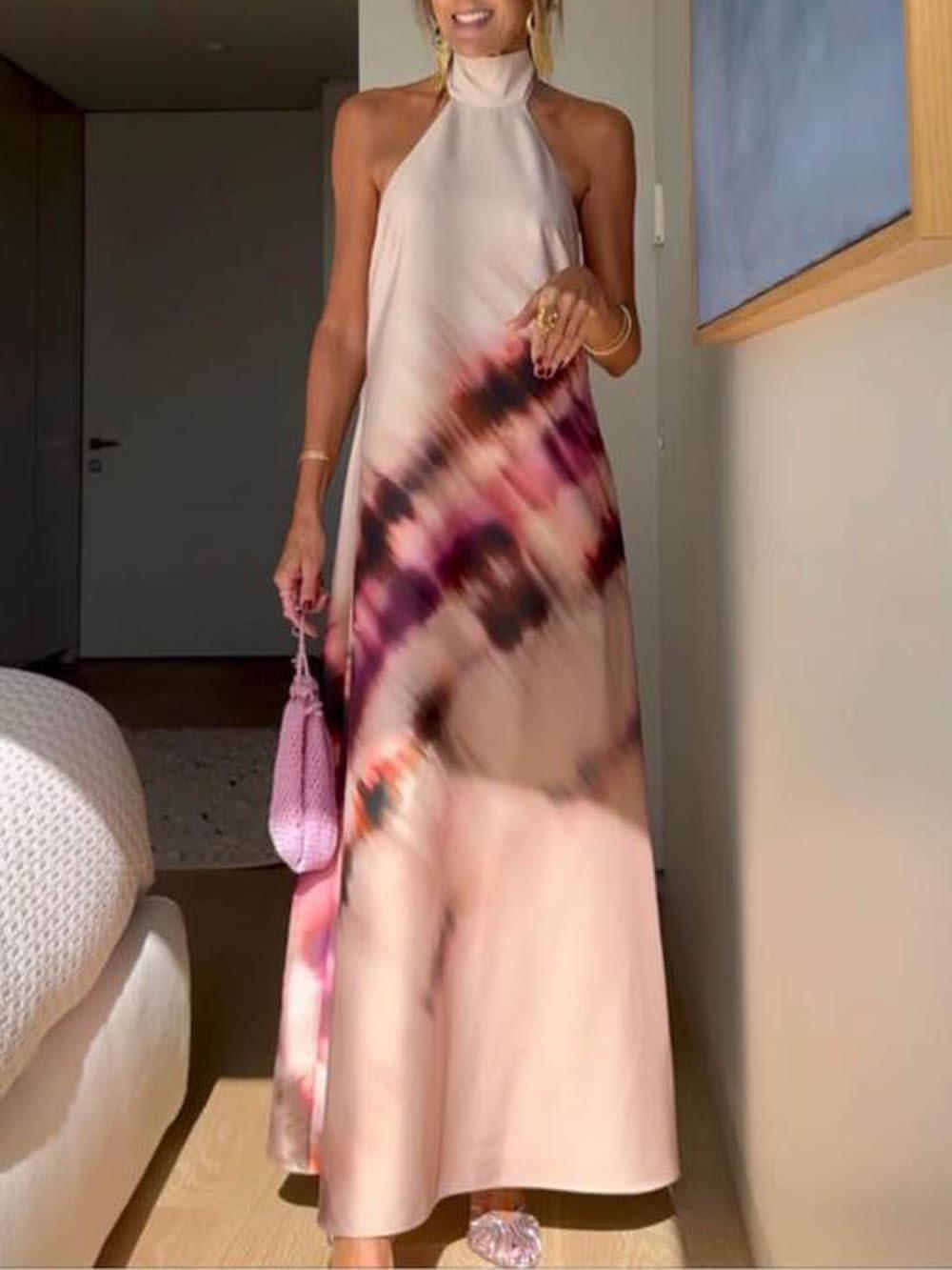 Aurohaya Unique Tie-Dye Printed Halterneck Lace Up Backless Maxi Dress Khaki
