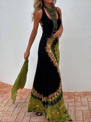 Aurohaya Unique Summer Adventures Tie-dye Print Back Lace-up Stretch Maxi Dress