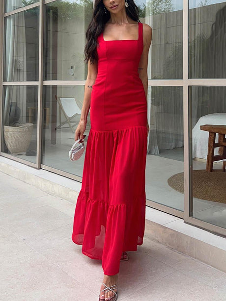 Aurohaya Fashionable Square Neck Waist Suspender Maxi Dress