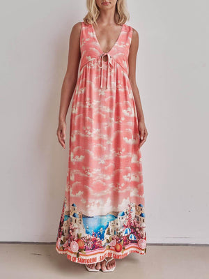 Aurohaya Unique Ink-Print V-Neck Lace-Up Loose-Fitting A-Line Maxi Dress Pink