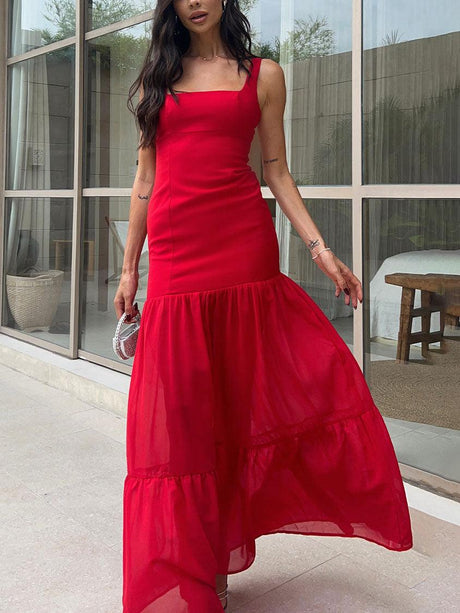 Aurohaya Fashionable Square Neck Waist Suspender Maxi Dress Red