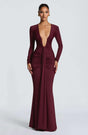 Aurohaya Eléonore Deep Plunge Ruched Mermaid Maxi Dress Wine red