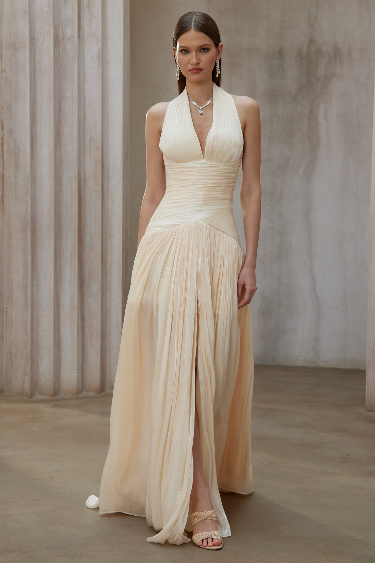 Aurohaya Verdelune Gathered Maxi Dress Beige