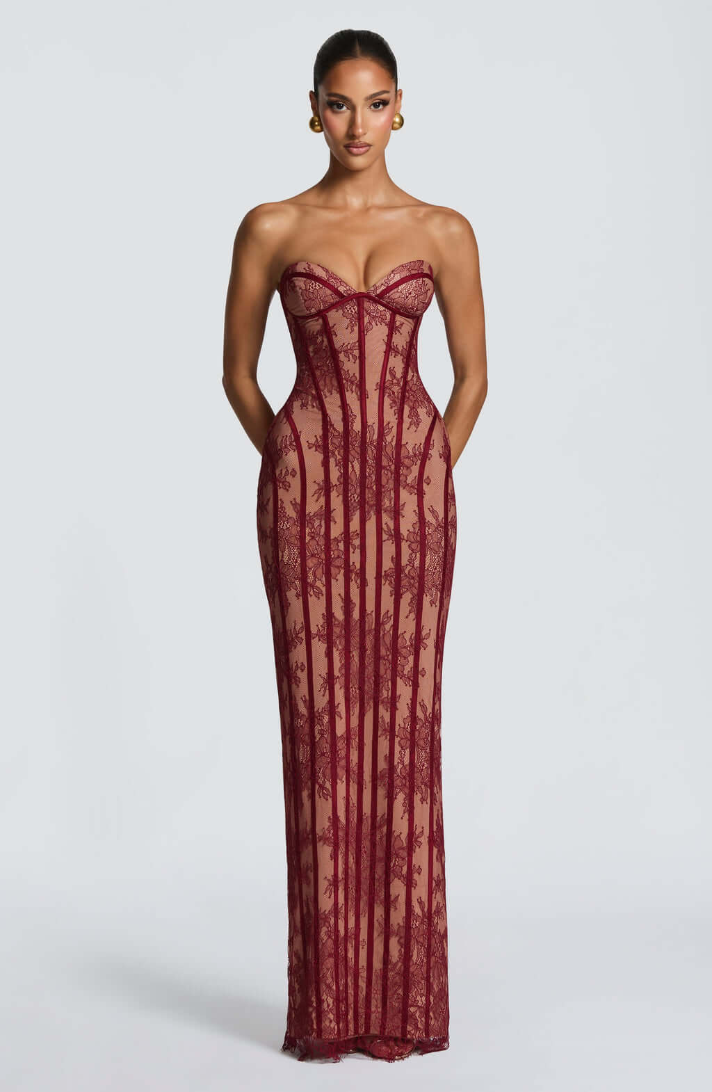Aurohaya Constance Strapless Lace Maxi Dress Burgundy
