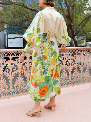 Aurohaya Unique Print Lantern Sleeve Cream Cardigan Style Shirt Dress