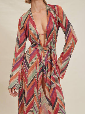 Aurohaya Beach Resort Geometric Print Bell Sleeve Cardigan Midi Dress Red