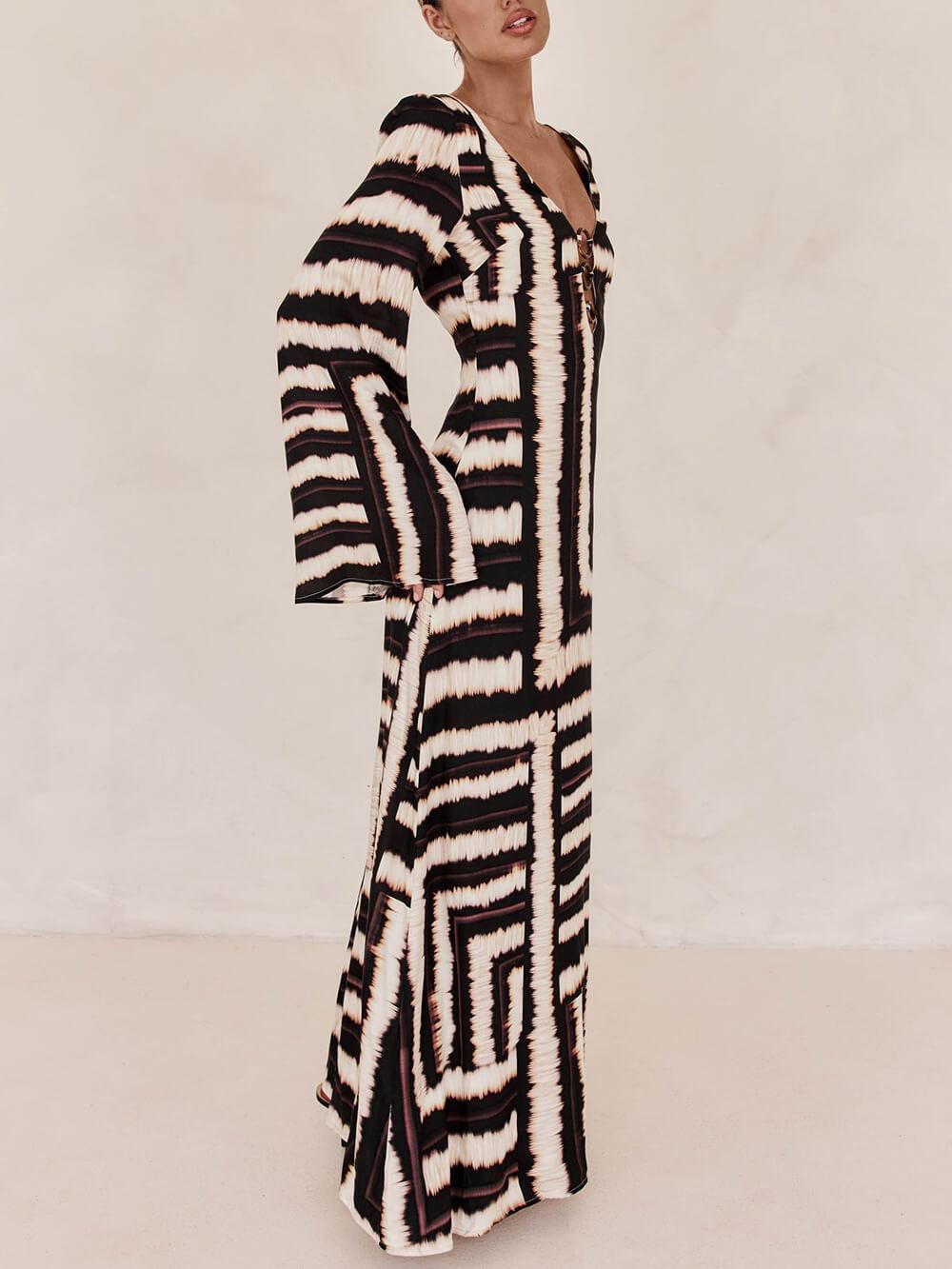 Aurohaya Bohemian Style Unique Printed V Tie Ring Maxi Dress