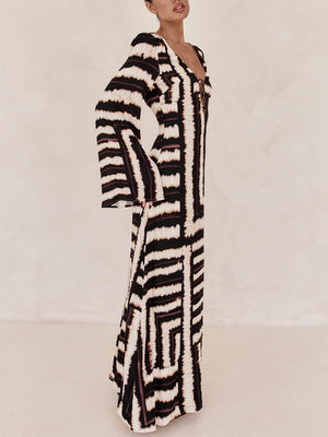 Aurohaya Bohemian Style Unique Printed V Tie Ring Maxi Dress