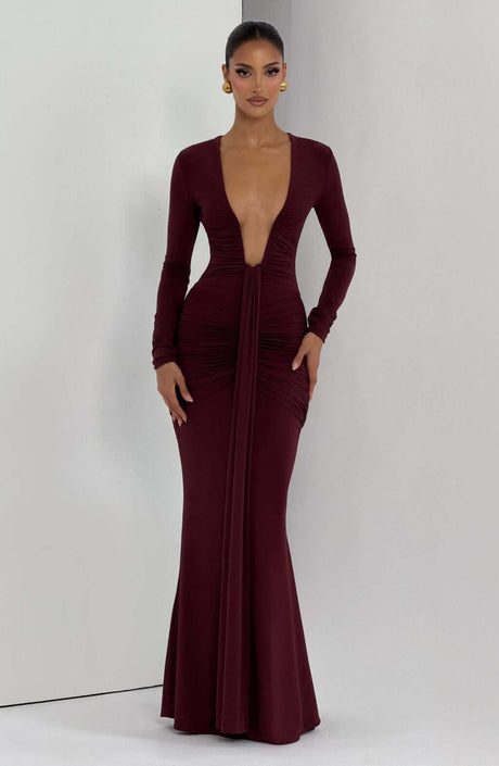 Aurohaya Eléonore Deep Plunge Ruched Mermaid Maxi Dress