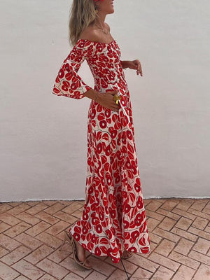 Aurohaya Floral Print Smocked Off Shoulder Pocketed Maxi Dress