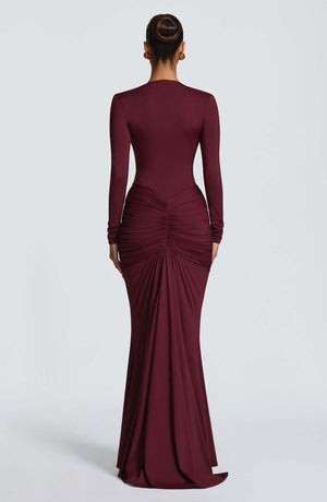 Aurohaya Eléonore Deep Plunge Ruched Mermaid Maxi Dress