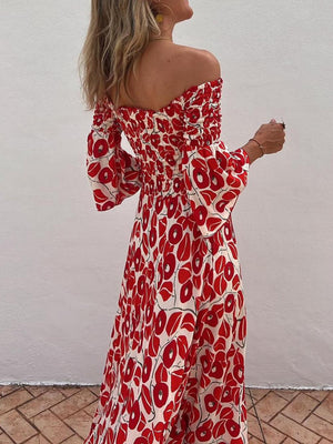 Aurohaya Floral Print Smocked Off Shoulder Pocketed Maxi Dress