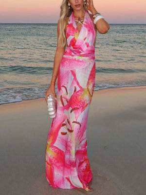Aurohaya Sexy Vivid Lily Flower Print Mesh Maxi Dress Pink