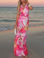 Aurohaya Sexy Vivid Lily Flower Print Mesh Maxi Dress Pink