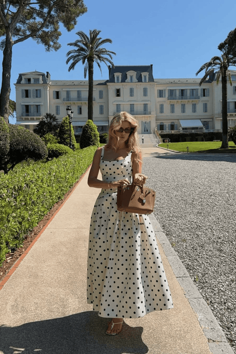Aurohaya Madeleine Polka Dot Square Neck A-Line Midi Dress