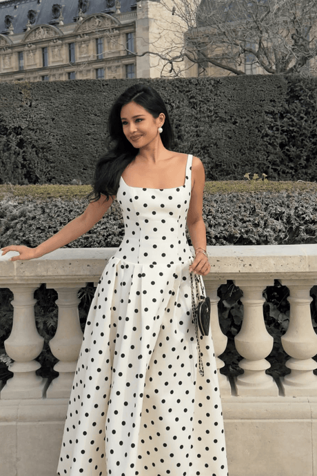 Aurohaya Madeleine Polka Dot Square Neck A-Line Midi Dress