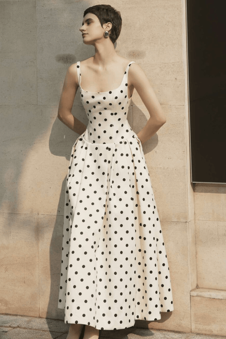 Aurohaya Madeleine Polka Dot Square Neck A-Line Midi Dress