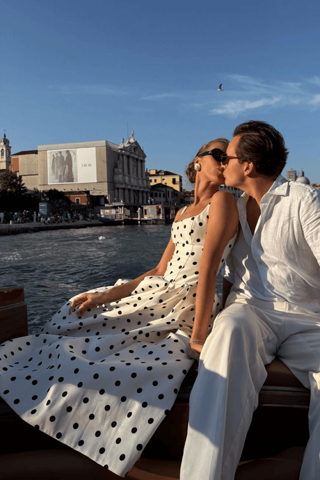 Aurohaya Madeleine Polka Dot Square Neck A-Line Midi Dress