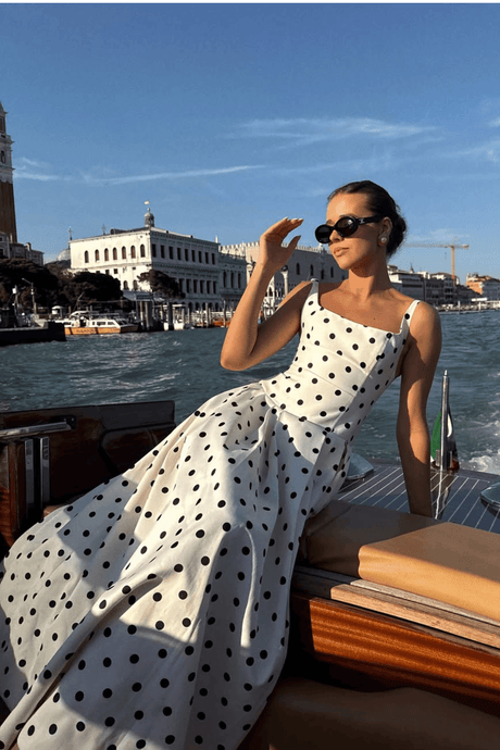 Aurohaya Madeleine Polka Dot Square Neck A-Line Midi Dress