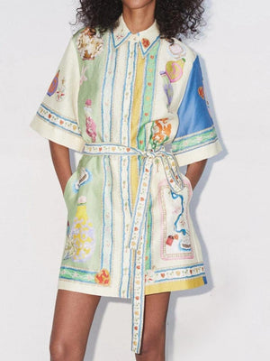 Aurohaya Unique Exquisite Oil Painting Print Lace-Up Cardigan Mini Dress Cream