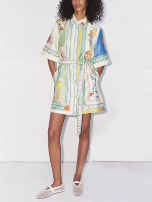 Aurohaya Unique Exquisite Oil Painting Print Lace-Up Cardigan Mini Dress