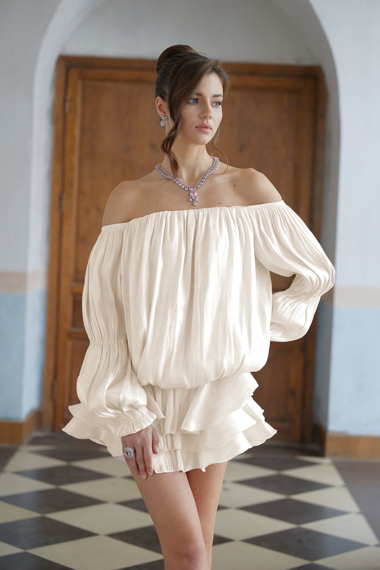 Aurohaya Zofia White Glossy Pleated Tiered Mini Dress