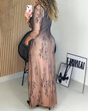 Ombre & Plants Print V-Neck Three Quarters Sleeve Side Slit Vacation Dress