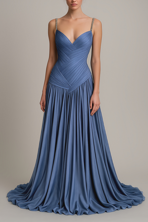 Aurohaya Angelína Blue Diagonal Pleated Gathered Maxi Gown